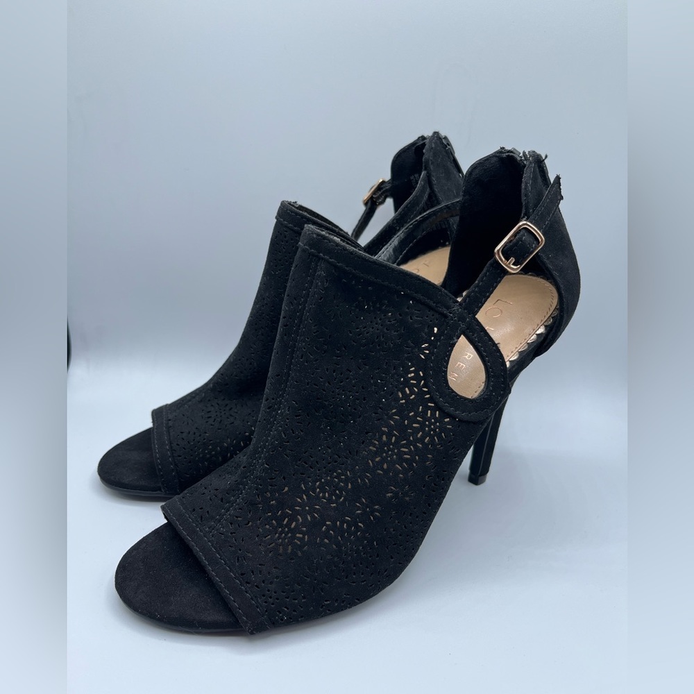 LC Lauren Conrad open toe cut-out black heels.